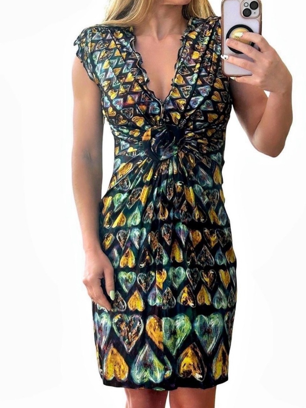 VINTAGE Roberto Cavalli Y2K Silk Heart Print Rosette Dress - IT 38 (US 2)